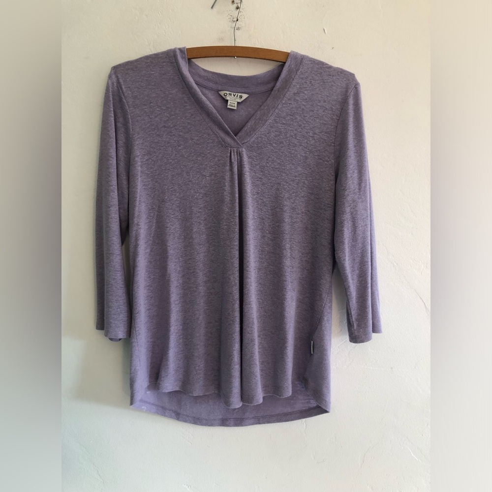 Orvis Womens Blouse Women's Size Small Lavender 3/4 Sleeve V Neck T Shirt